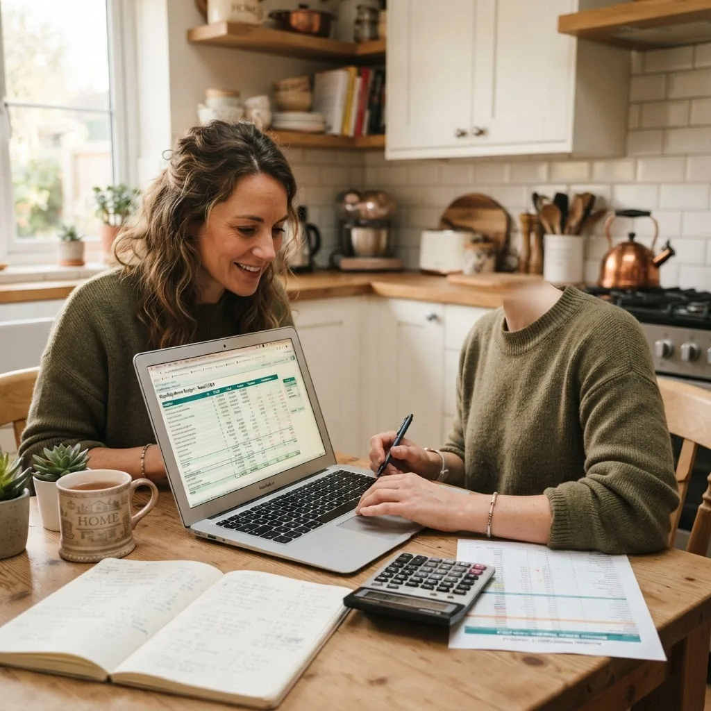 Close-up view of a homeowner using a laptop at a kitchen table with spreadsheet and calculator visible, cozy kitchen backdrop, natural