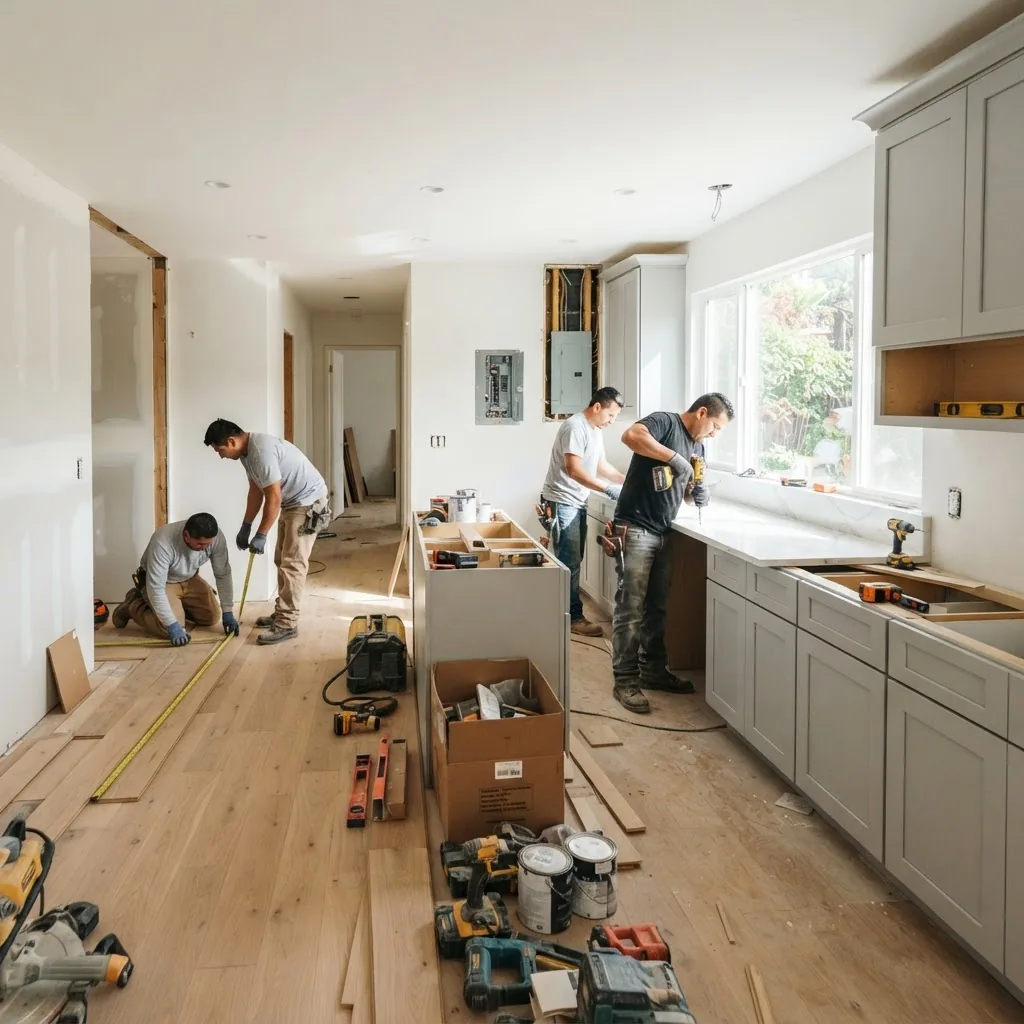 bright, modern kitchen renovation in progress showing cabinetry installation, countertop selection, and workers measuring flooring,