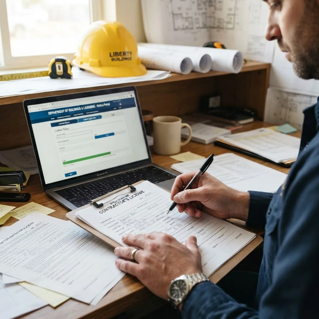 close-up of hands filling out licensing forms on a desk alongside a laptop showing a government licensing website, with a contractor’s hard