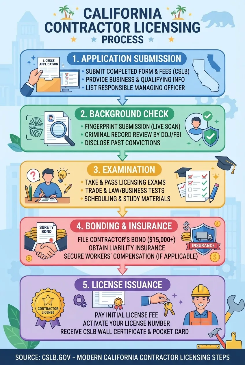 A vertical infographic illustrating the contractor licensing process in California: sequential boxes showing Application Submission,