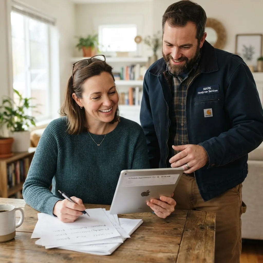 a homeowner reviewing handwritten quotes and scheduling appointments on a tablet with a friendly handyman standing nearby, indoor setting,