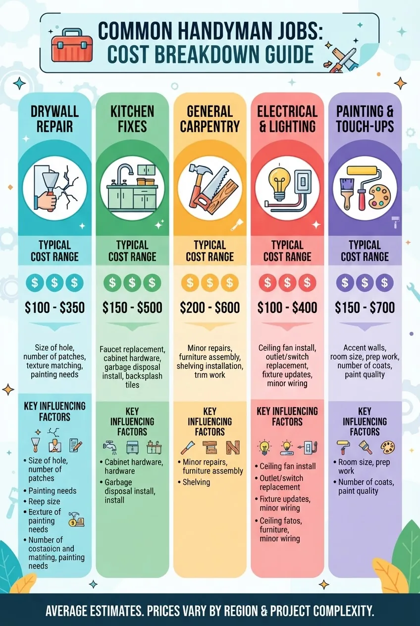 a cost breakdown for common handyman jobs (e.g., drywall repair, kitchen fixes, general carpentry) in segmented blocks with icons, typical