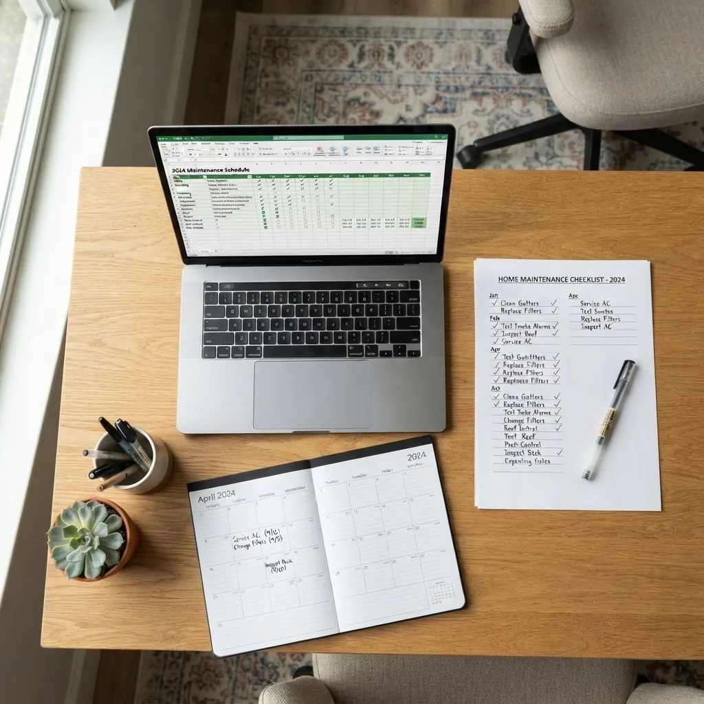 Overhead shot of a desk with an open laptop showing a maintenance schedule Excel spreadsheet, a printed maintenance checklist, pen, and a