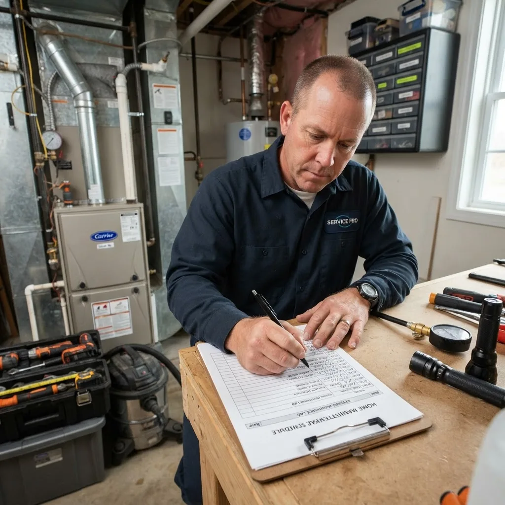 A well-lit, close-up photo of a technician or homeowner filling out a printed maintenance schedule template next to various household