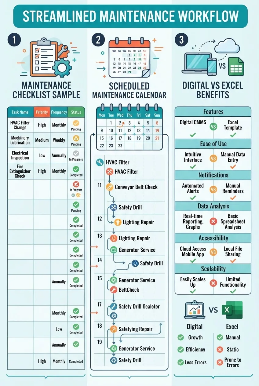A clear infographic showing a three-part visual: left column with a sample maintenance checklist table, middle column showing a calendar