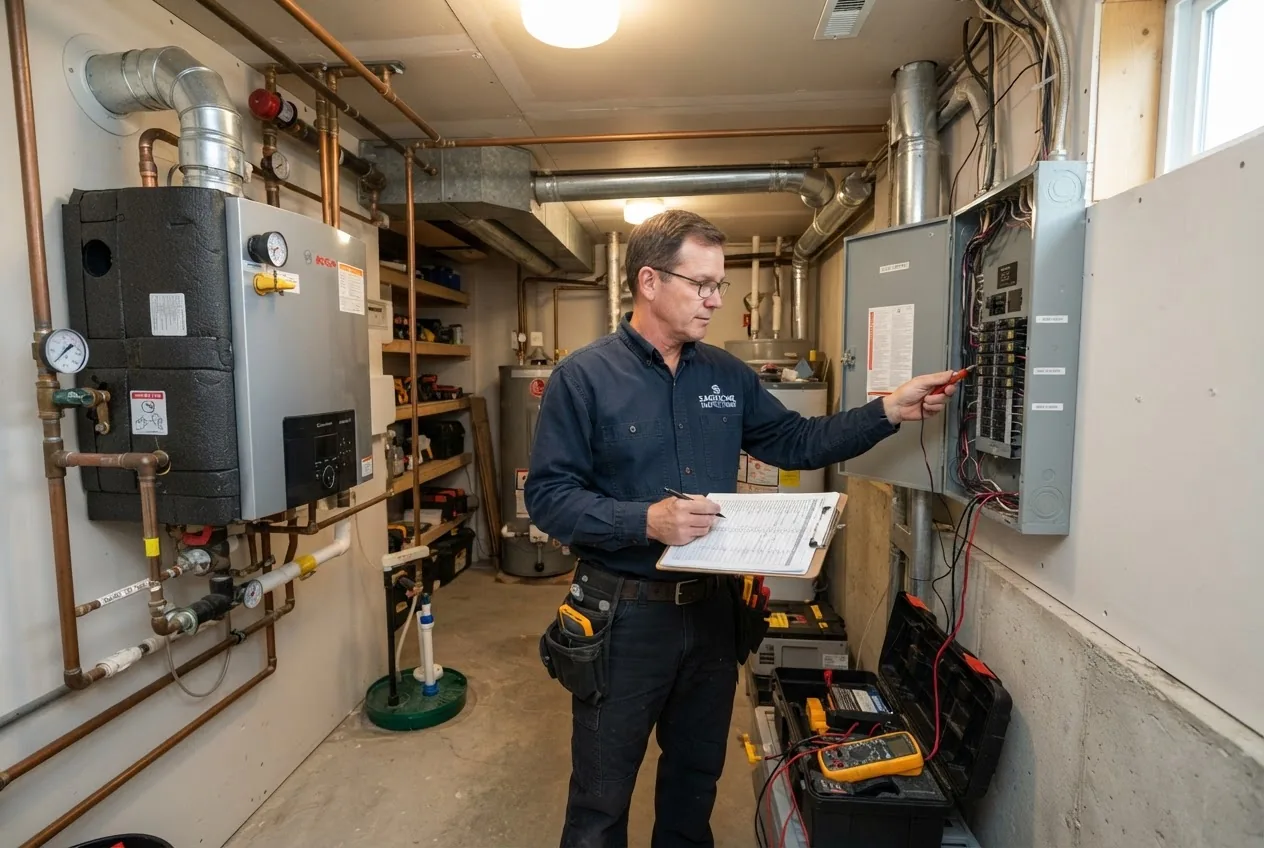 a handyman performing a multi-point home inspection inside a utility room, checking boiler and electrical panel with checklist in hand,