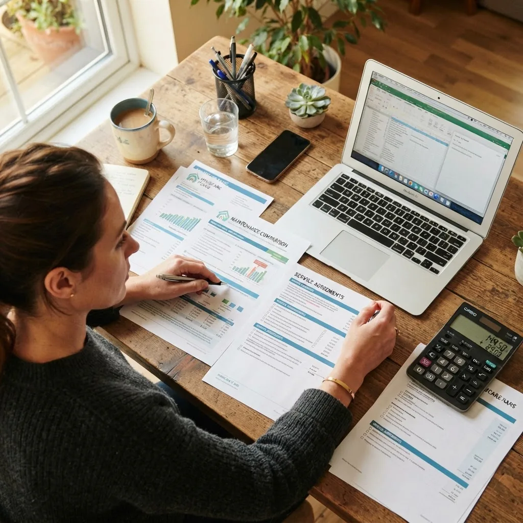 An organized workspace with a person comparing printed home maintenance subscription documents, calculator, and laptop, with a coffee cup
