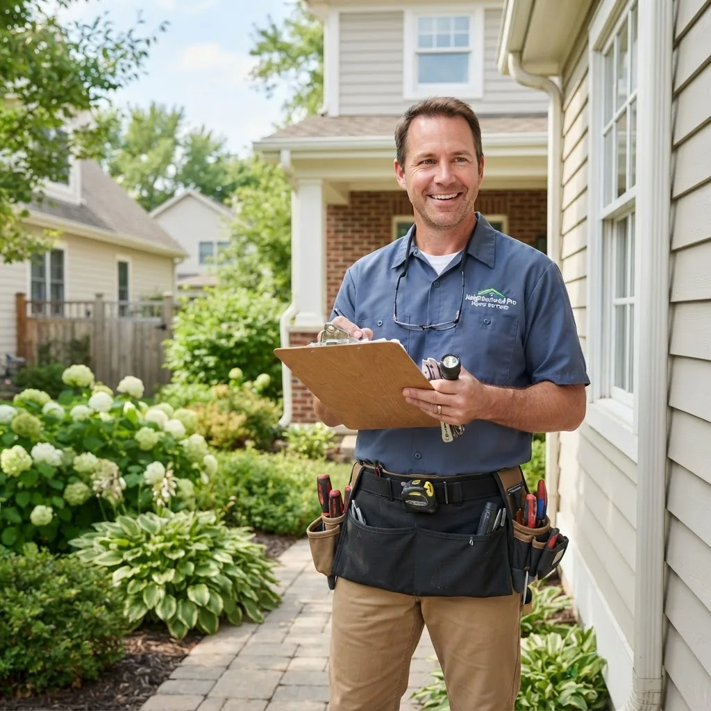 A bright, well-lit image of a professional handyman inspecting a residential home’s exterior, holding a clipboard and tools, showing a