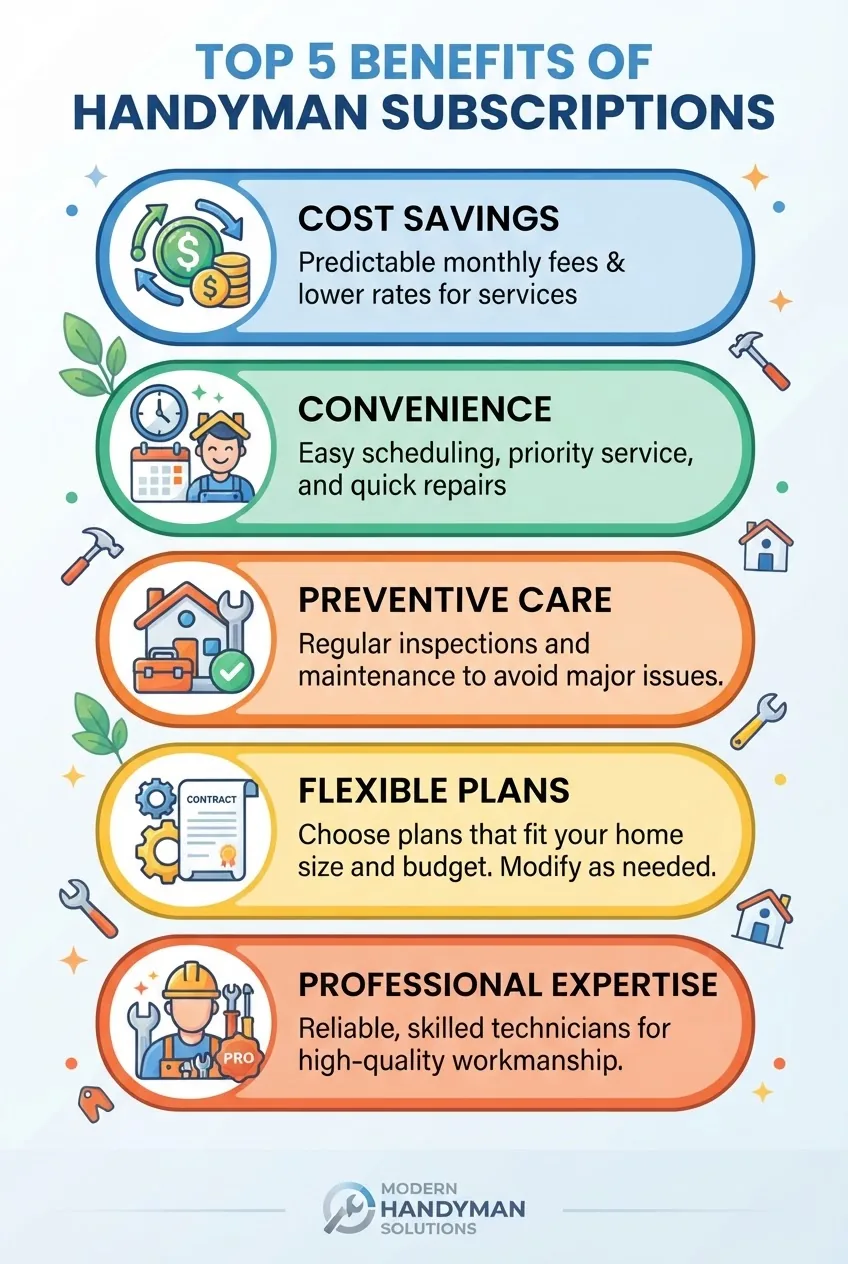 with five vertically arranged sections, each with an icon and short text summarizing benefits of handyman subscriptions: cost savings,