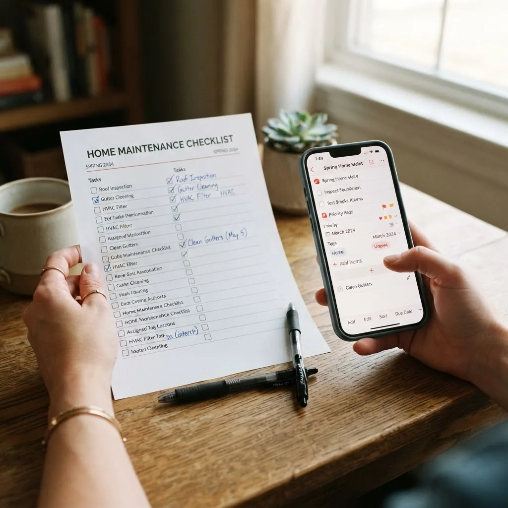 Close-up of hands holding a printed home maintenance checklist next to a pen and a smartphone displaying a digital editable checklist,