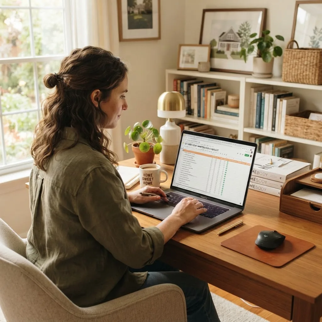 A well-organized desk scene showing a homeowner using a laptop with a monthly home maintenance checklist open on the screen, natural
