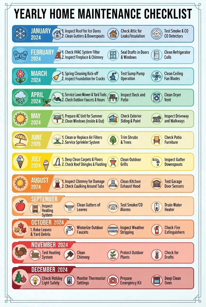 A vertical infographic showing 12 monthly blocks from January to December, each block listing 4-5 key maintenance tasks with icons