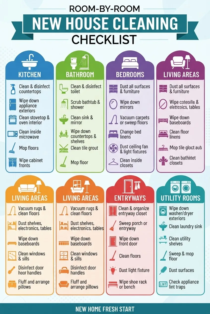 A clean, visually clear infographic outlining a room-by-room checklist for new house cleaning, divided into six main sections: Kitchen,