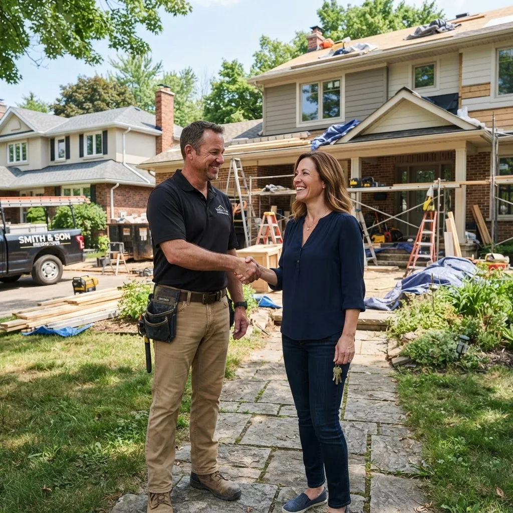 professional home improvement contractor shaking hands with a homeowner in front of a residential house under renovation, sunny day,