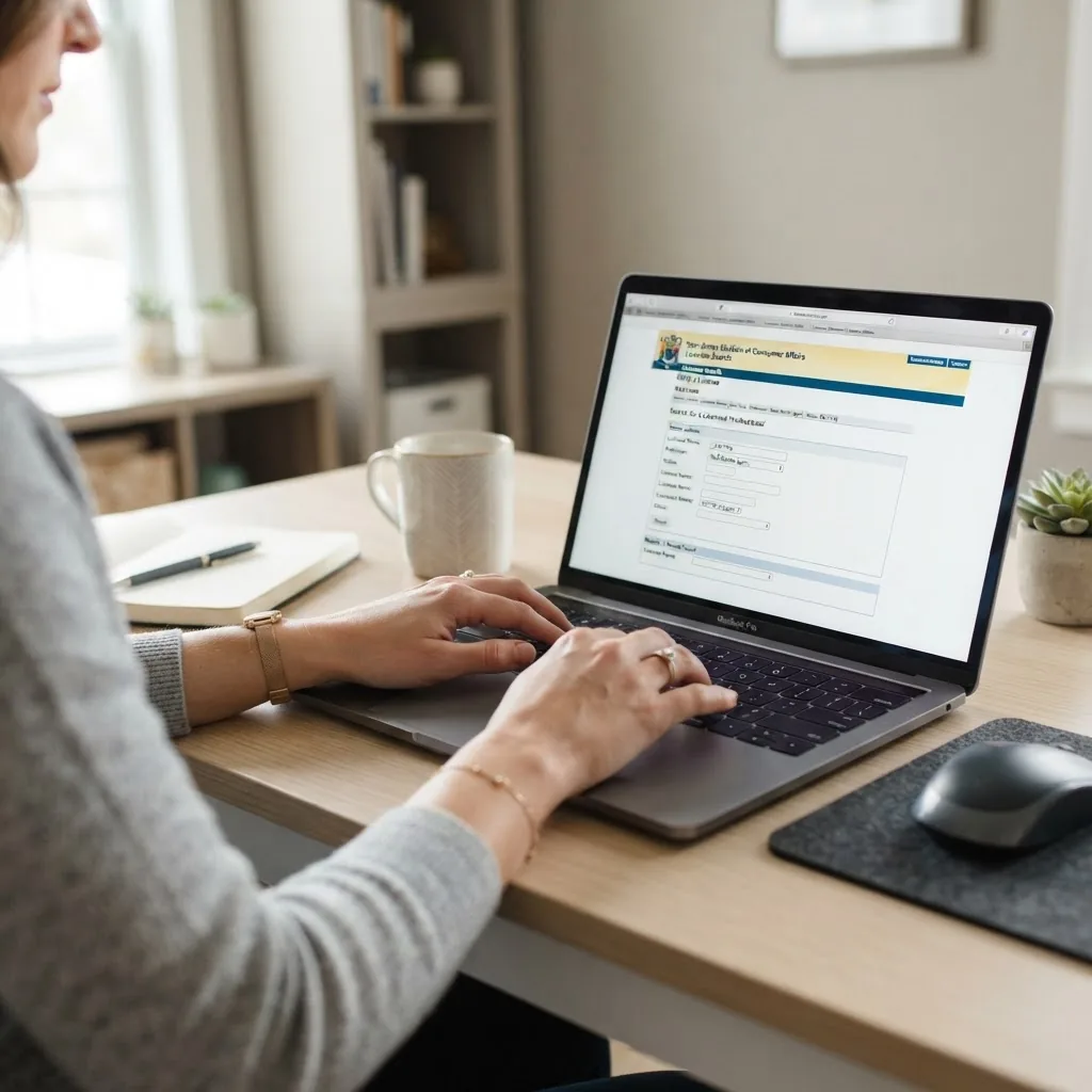 a person using a laptop computer at a clean desk, screen showing a New Jersey government license verification website, daylight, clear