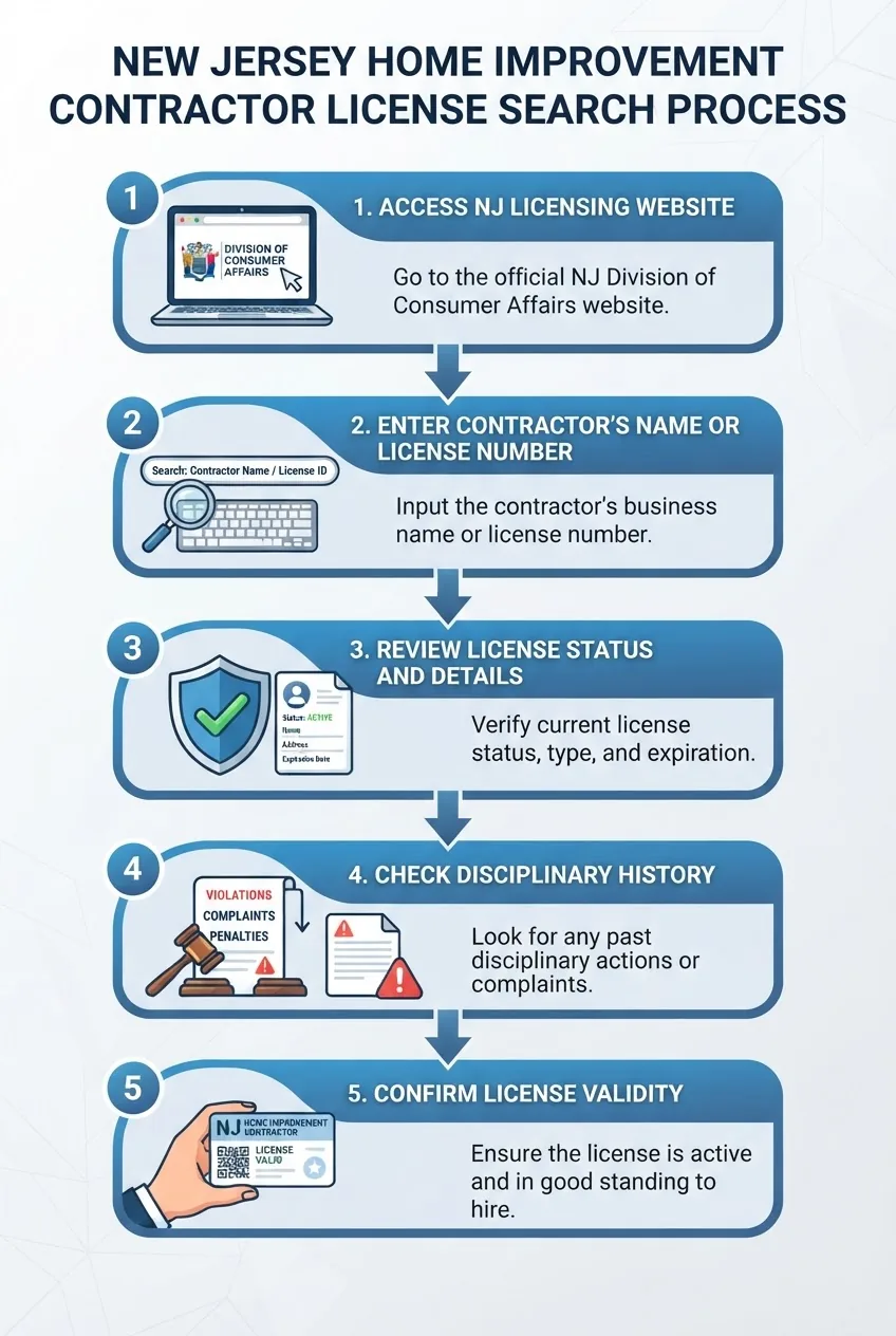 An infographic with a vertical flowchart depicting 5 steps of the New Jersey home improvement contractor license search process: 1) Access
