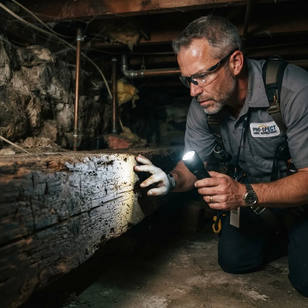 a home inspector examining an old wooden beam with a flashlight inside a dimly lit basement, emphasizing structural assessment work typical