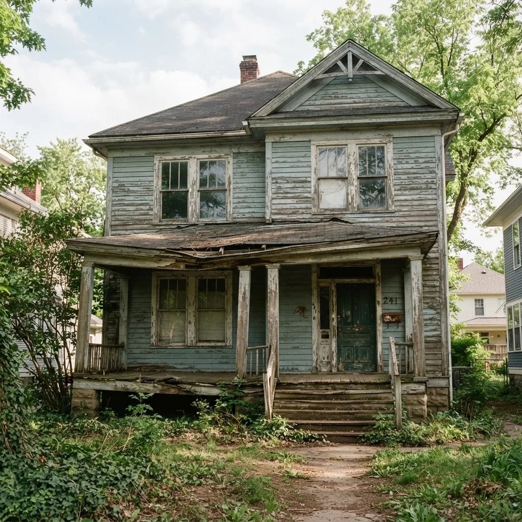 a vintage home exterior showing signs of wear such as cracked paint, old wooden windows, and a sagging porch roof, taken in daylight with