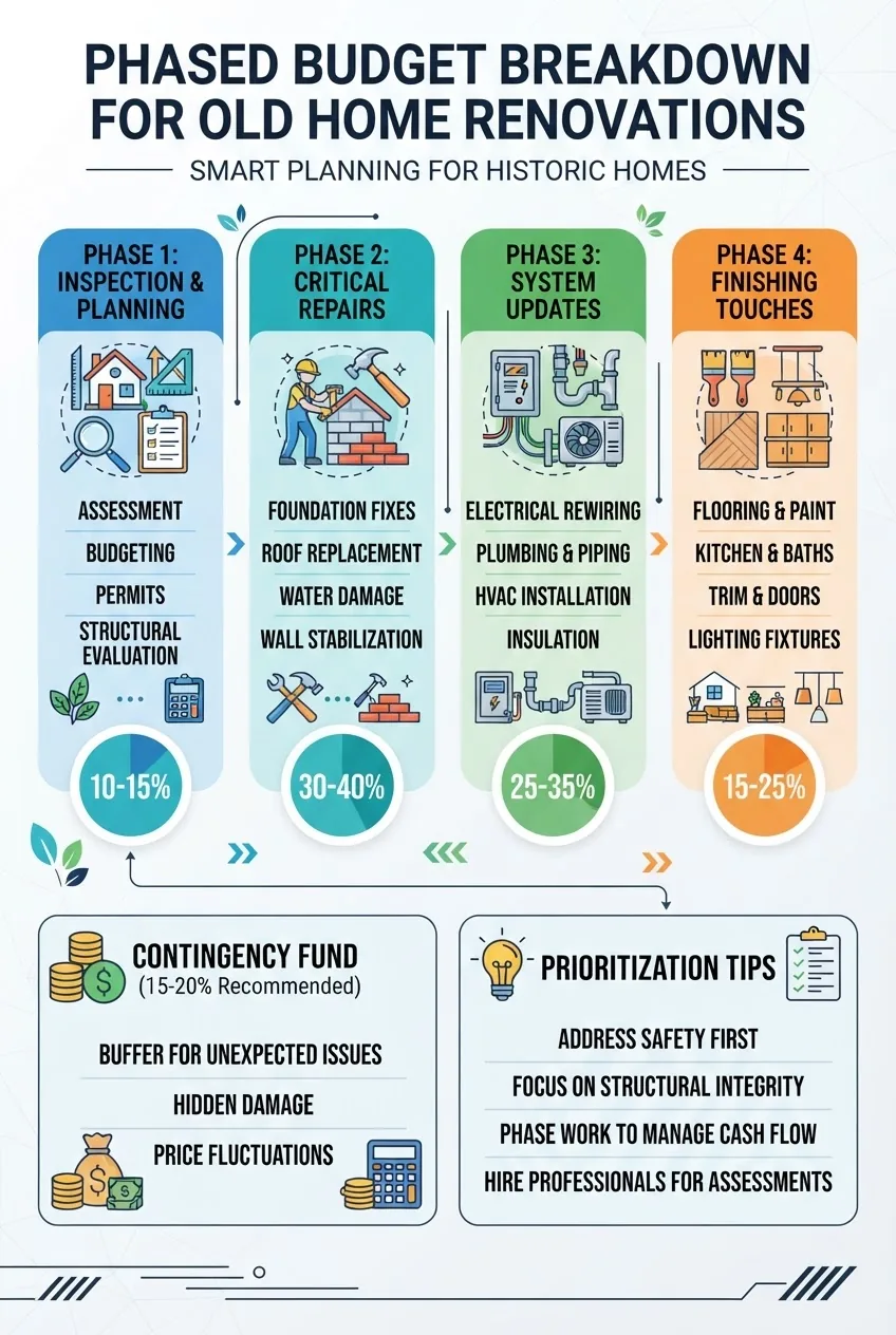illustrating a phased budget breakdown for old home renovations: four columns showing phases (inspection, critical repairs, system updates,