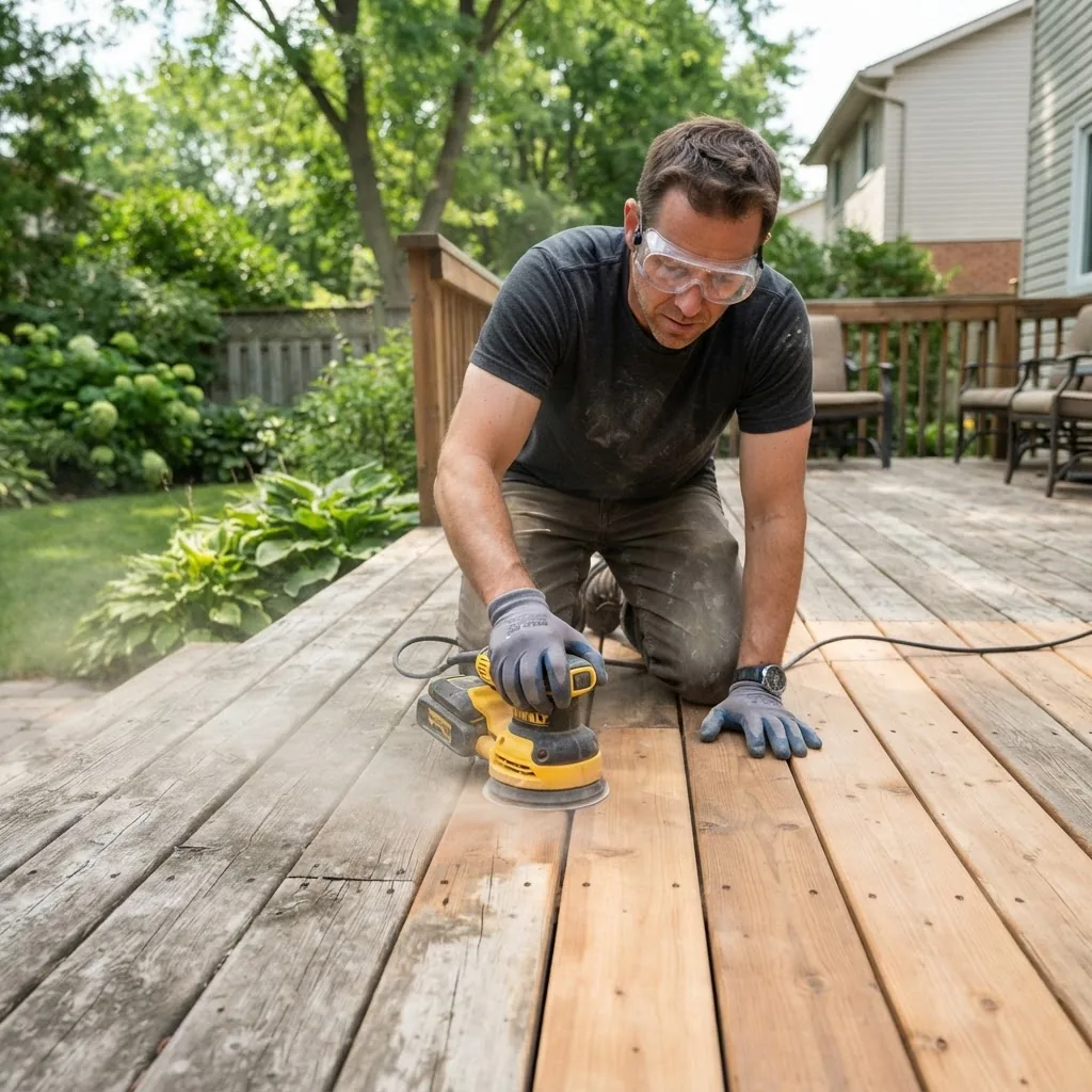 a homeowner wearing safety gloves and goggles using a hand sander on an outdoor wooden deck, midday natural lighting, suburban backyard