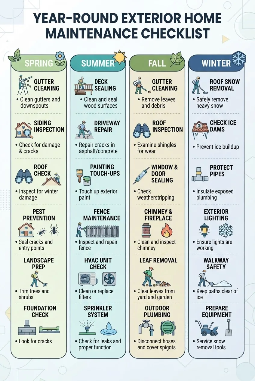 is structured as a seasonal checklist for exterior home maintenance: divided into four columns titled Spring, Summer, Fall, Winter. Each