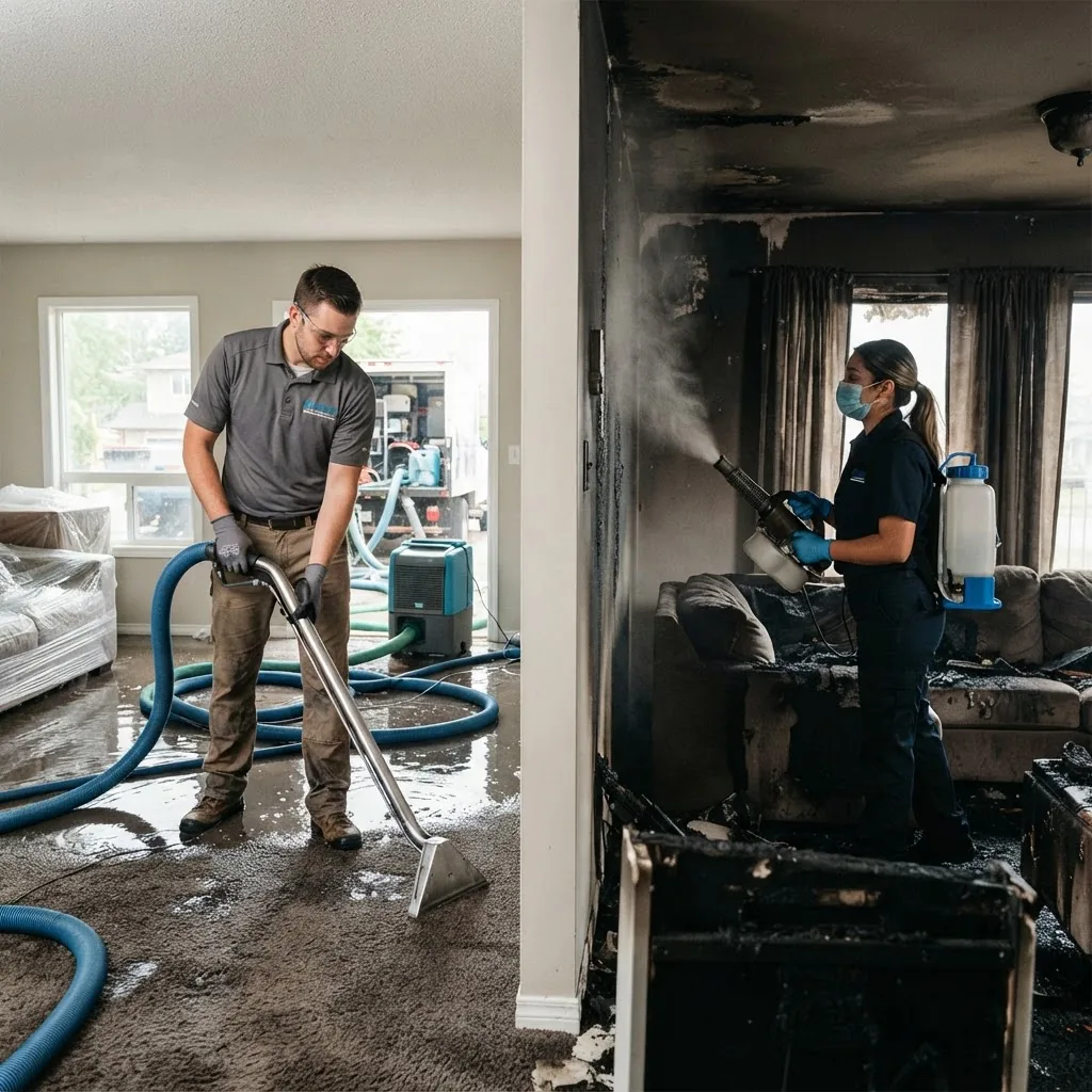 side-by-side scene of two restoration technicians, one performing water extraction with industrial equipment in a flooded home interior,