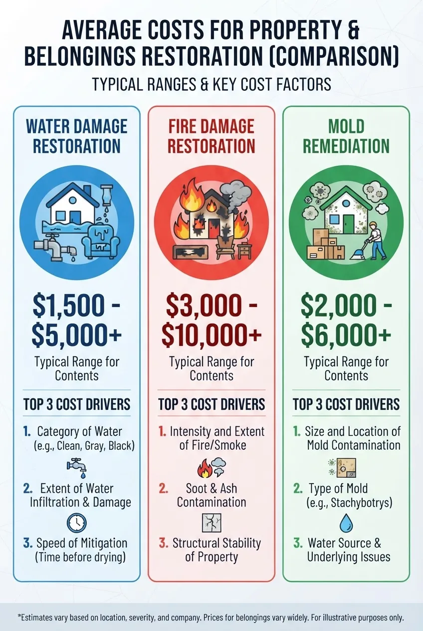 shows a clear, three-segment infographic comparing average costs for water damage restoration, fire damage restoration, and mold