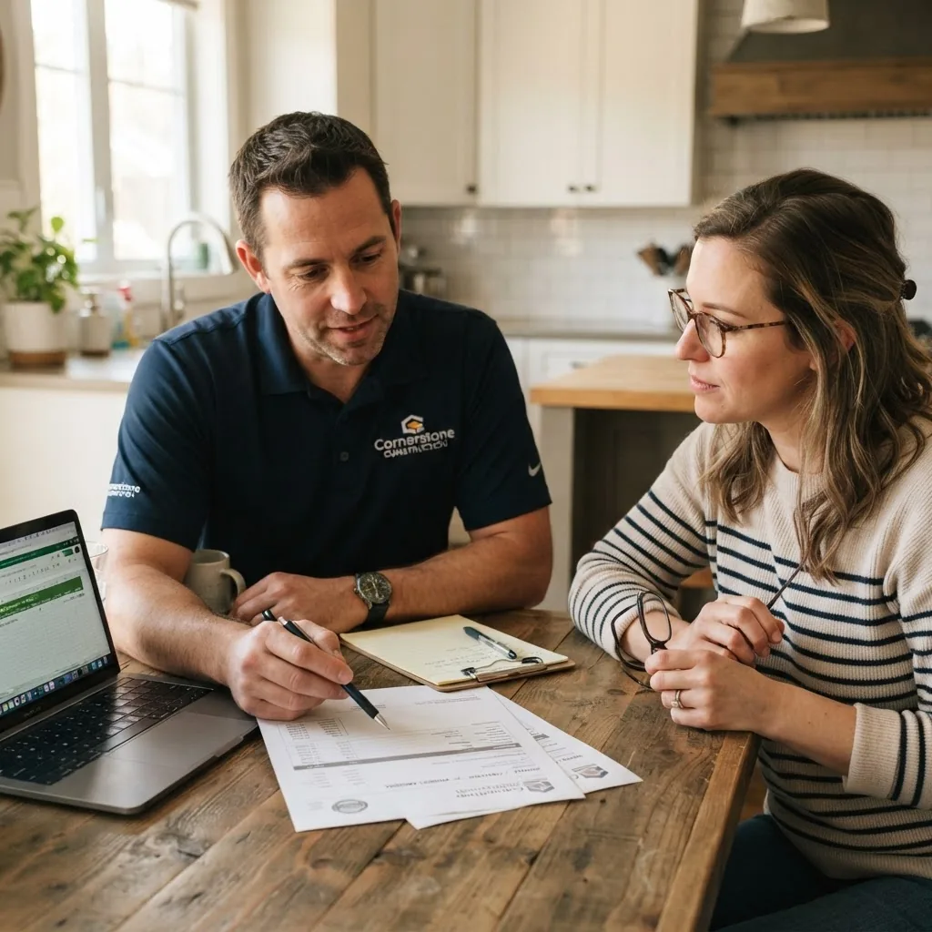 Close-up of a contractor discussing an invoice/cost estimate with a homeowner at a kitchen table, documents and laptop visible, natural