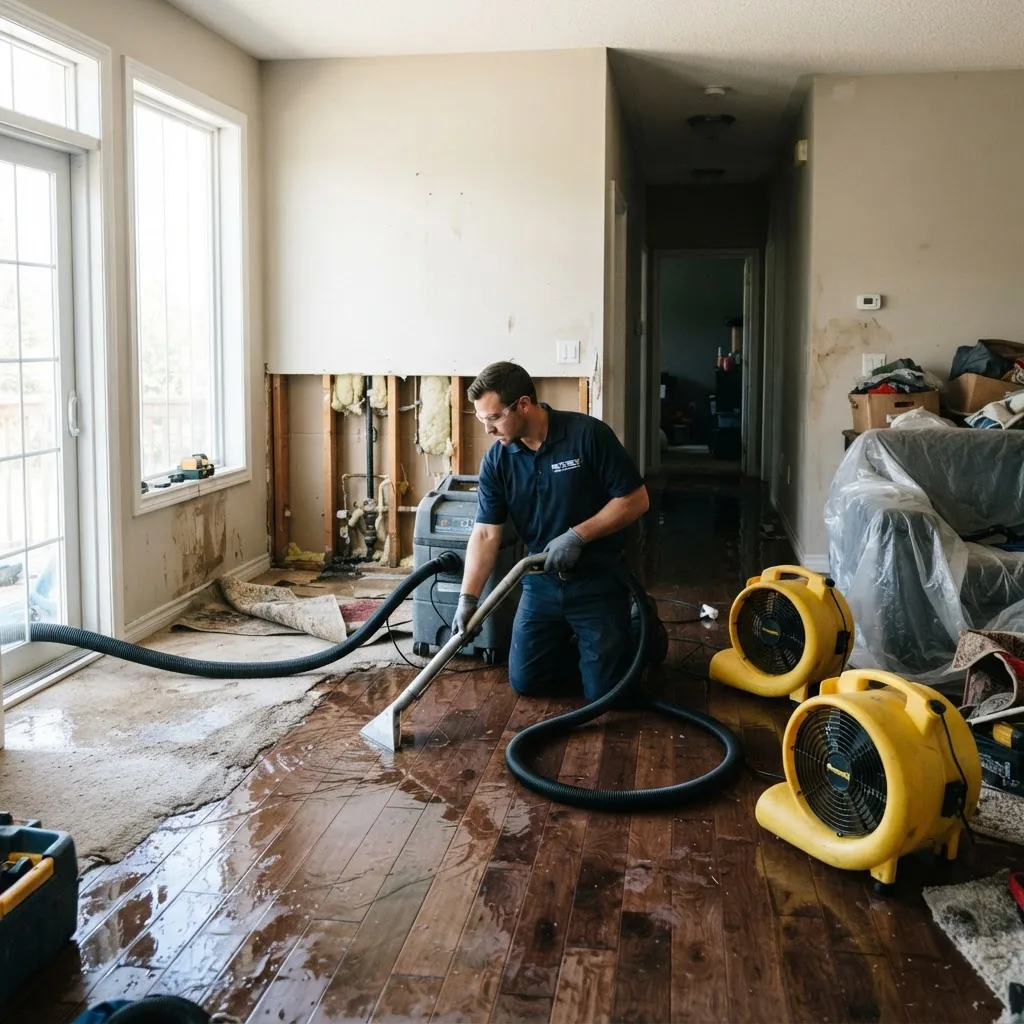 Interior view of a residential home with visible water damage showing a technician using industrial water extraction equipment and fans
