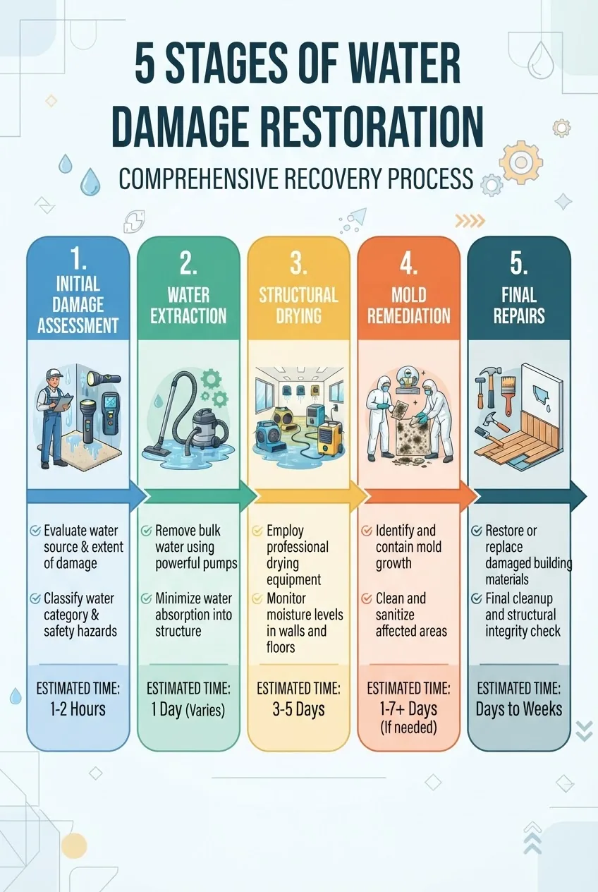 A clear, visually segmented infographic illustrating five stages: initial damage assessment, water extraction, structural drying, mold