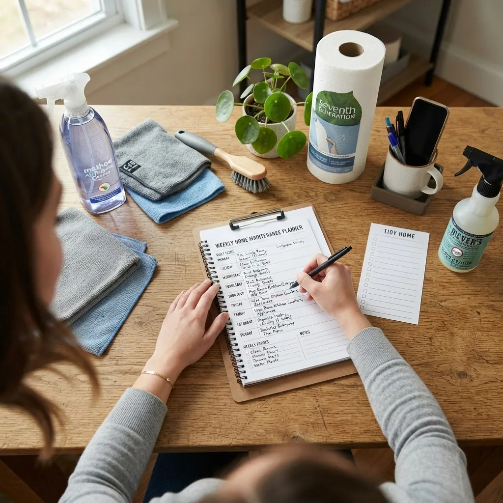 Overhead shot of a person writing a detailed weekly home maintenance planner list on a notepad with various cleaning supplies and tools