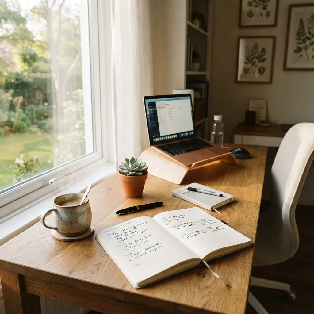 A bright, clean home office desk setup showing a physical weekly planner open with handwritten tasks, a cup of coffee, sunlight streaming