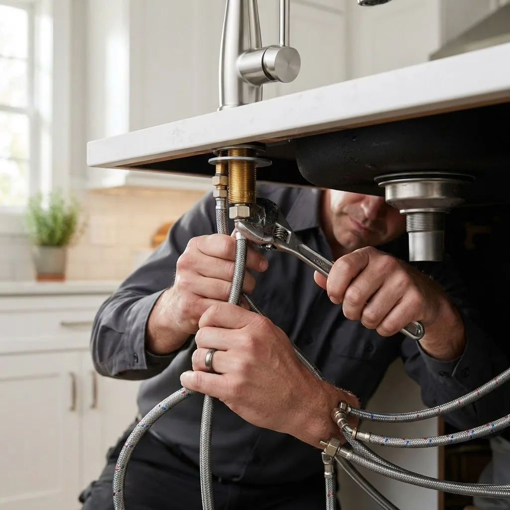Close-up photo of a plumber working on a kitchen faucet installation, showing hands using a wrench, modern kitchen background, natural