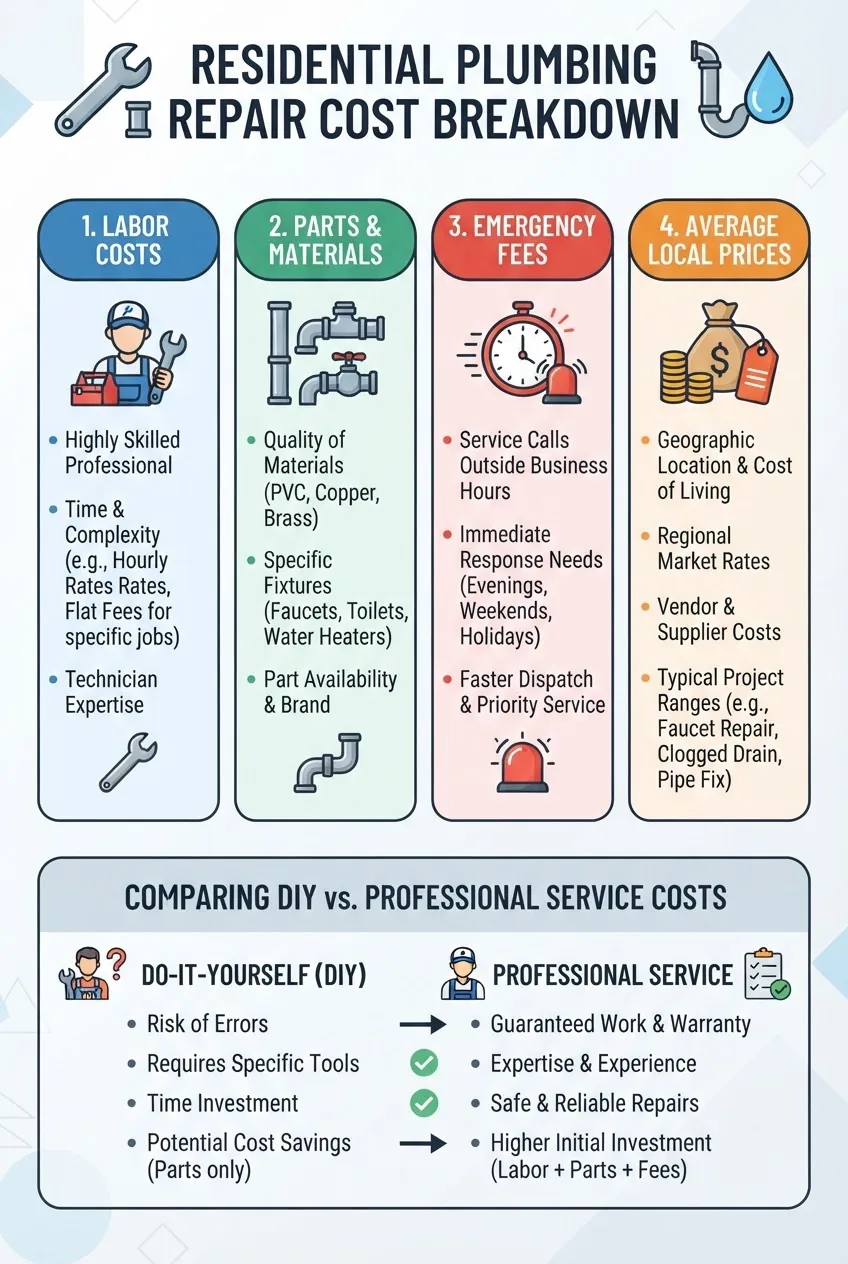a multi-part cost breakdown of residential plumbing repairs: columns for labor, parts, emergency fees, and average local prices with simple