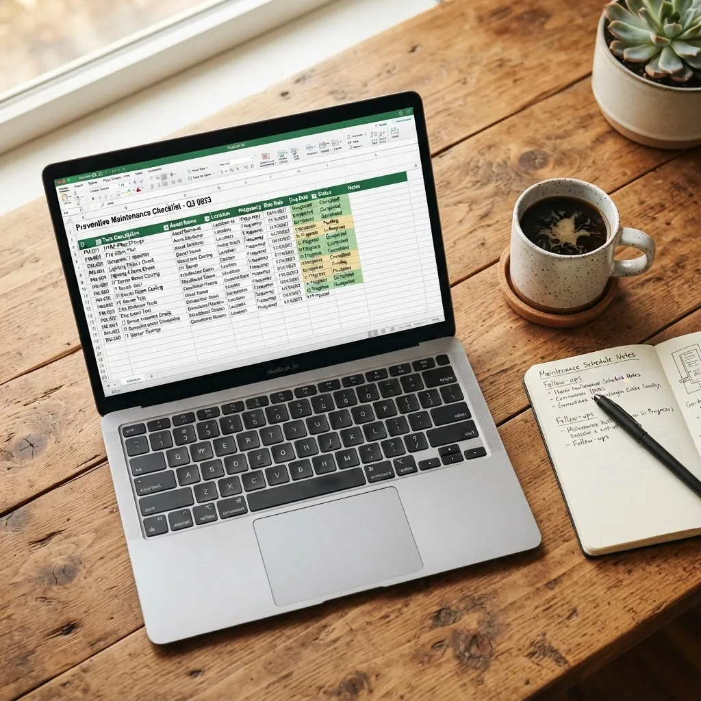 Overhead shot of an open laptop displaying a clearly formatted preventive maintenance Excel checklist spreadsheet on screen, with a coffee