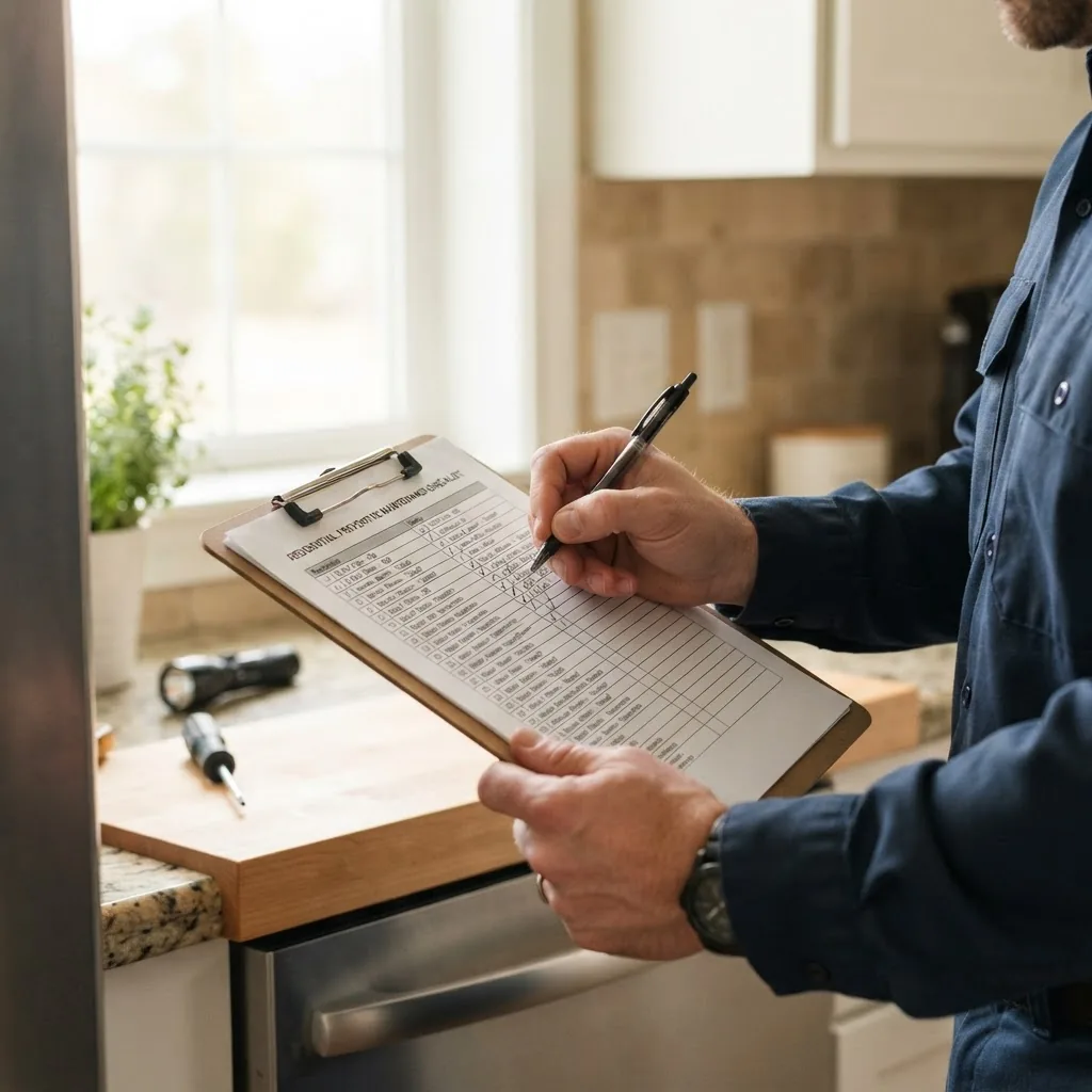 High-resolution photo of a homeowner or maintenance worker filling out a printed preventive maintenance checklist clipboard in a bright