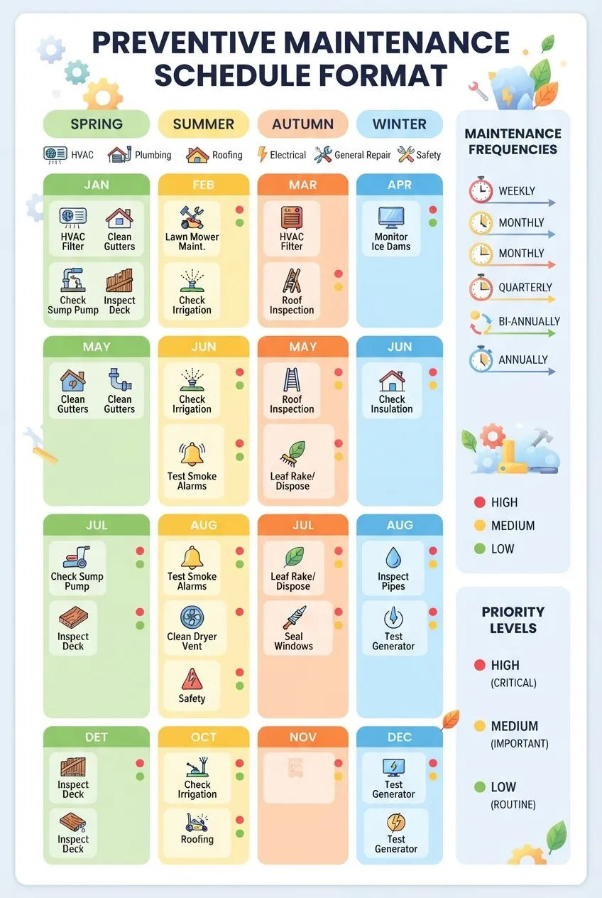 Infographic showing a preventive maintenance schedule format: a calendar layout with monthly and seasonal tasks visually distinguished,