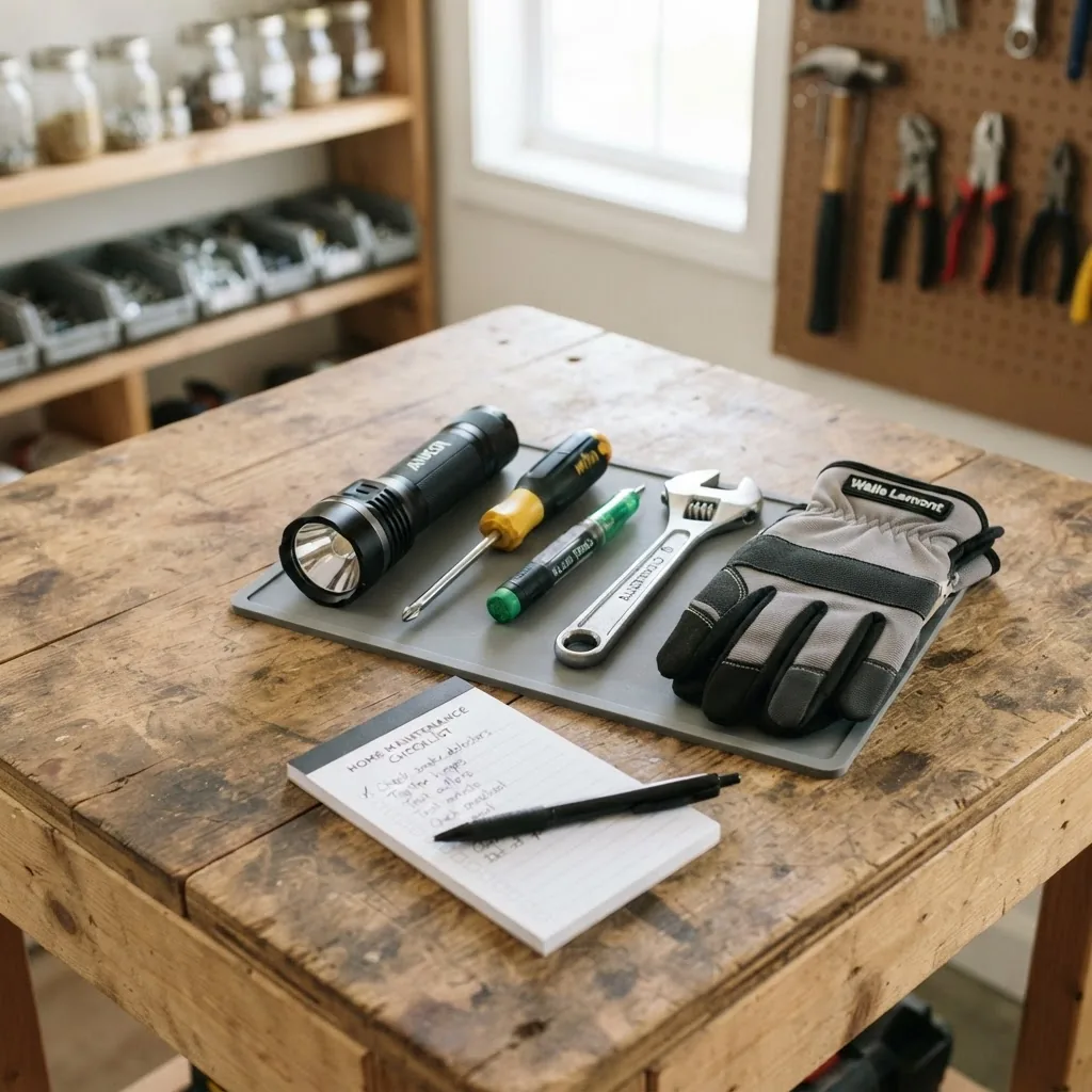 Neatly arranged home maintenance toolkit on a wooden table including flashlight, screwdriver, electrical tester, wrench, gloves, and