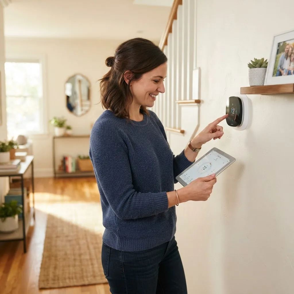 Bright, clean interior home scene showing a homeowner wearing casual clothes using a digital tablet while inspecting a thermostat on a