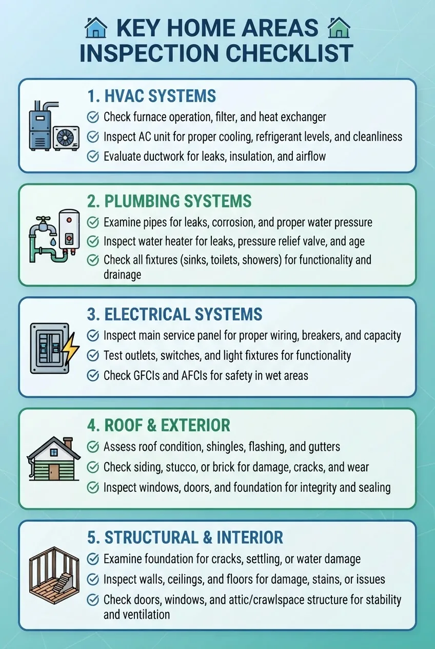 A clear infographic with five horizontal sections representing key home areas: HVAC, Plumbing, Electrical, Roof/Exterior,