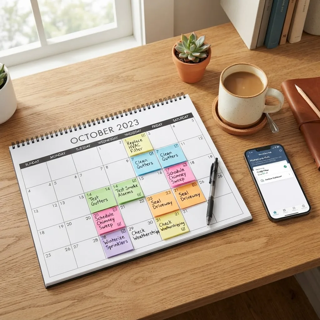 clean, visually appealing monthly calendar on a desk with colored sticky notes marking home maintenance tasks, set next to a cup of coffee