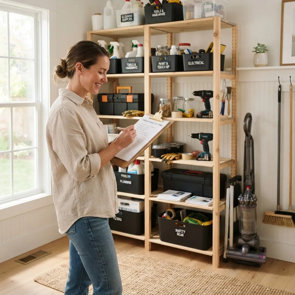 bright, inviting home interior with a homeowner checking a clipboard or tablet next to a shelf of labeled maintenance products and tools;