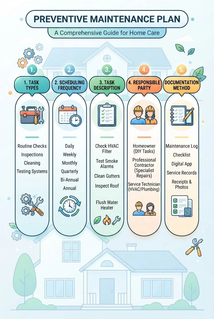 visually breaks down a preventive maintenance plan into five sections: task types, scheduling frequency, task description, responsible