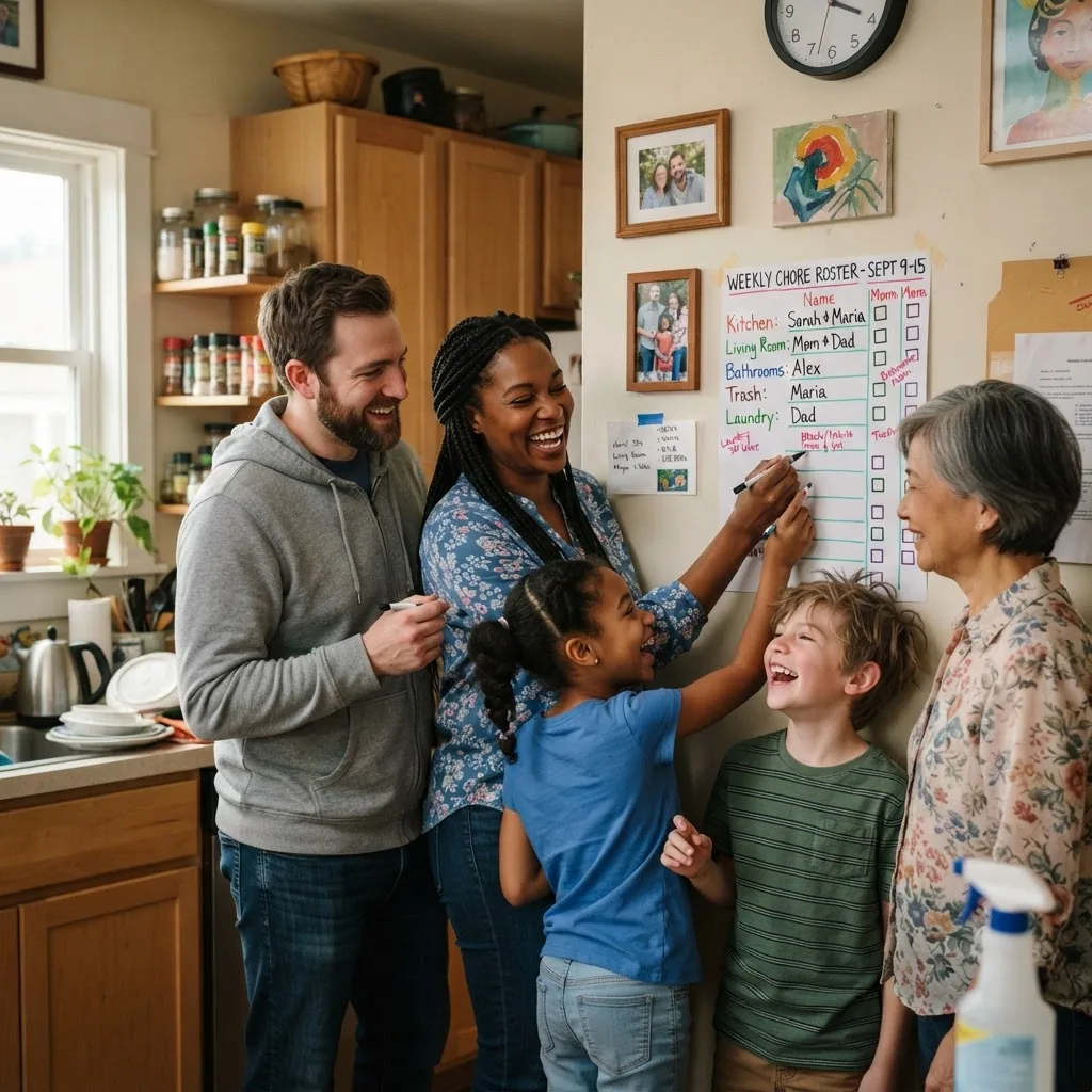 family or group of diverse adults and children smiling while coordinating cleaning chores using a printed housekeeping roster taped on a
