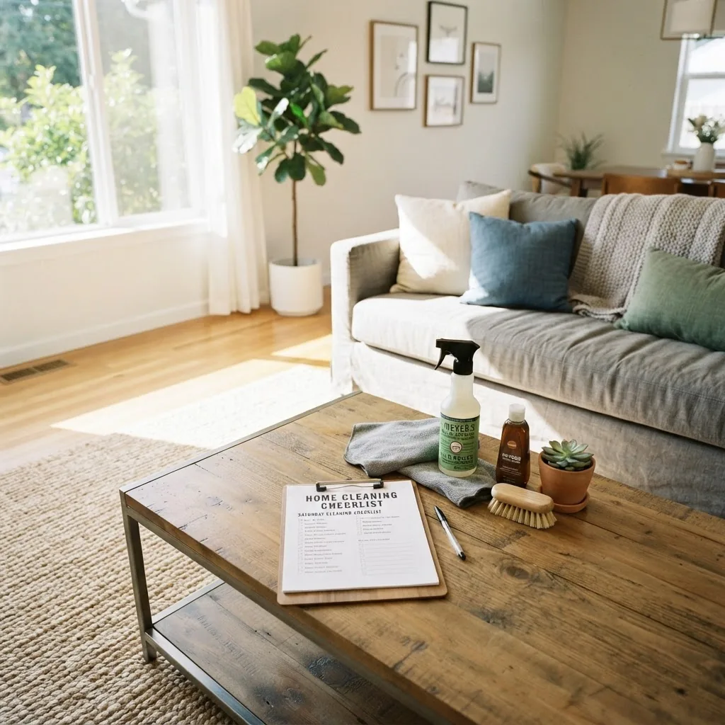 bright, clean modern living room with sunlight streaming in, a printed home cleaning checklist resting on a coffee table next to cleaning