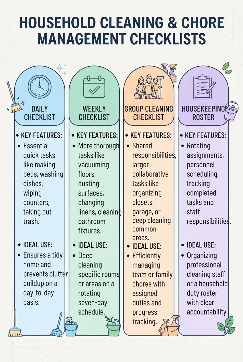 shows four columns: Daily Checklist, Weekly Checklist, Group Cleaning Checklist, Housekeeping Roster; each column includes an icon