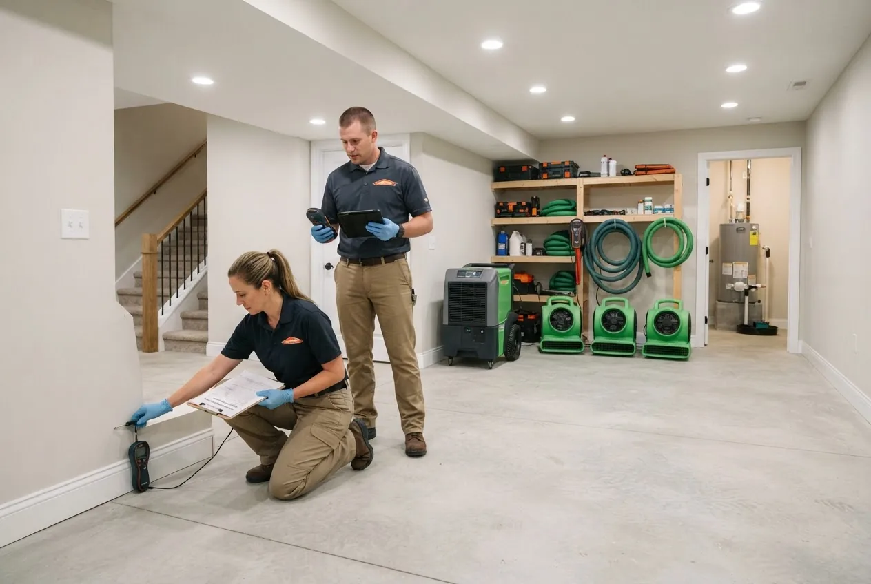 professional water damage restoration technicians performing final cleaning and using moisture meters and documentation sheets in a