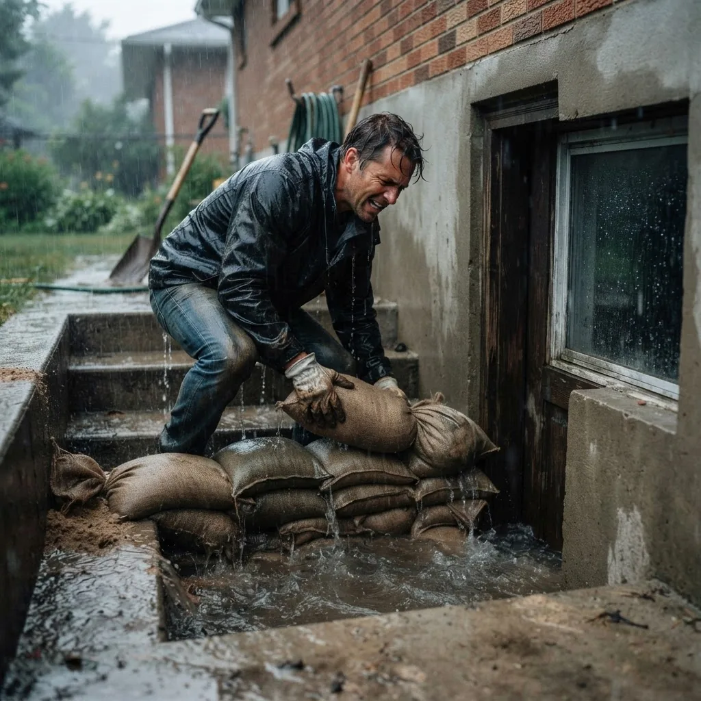 homeowner placing sandbags and setting up a temporary flood barrier at basement entry during a storm emergency, cloudy weather visible