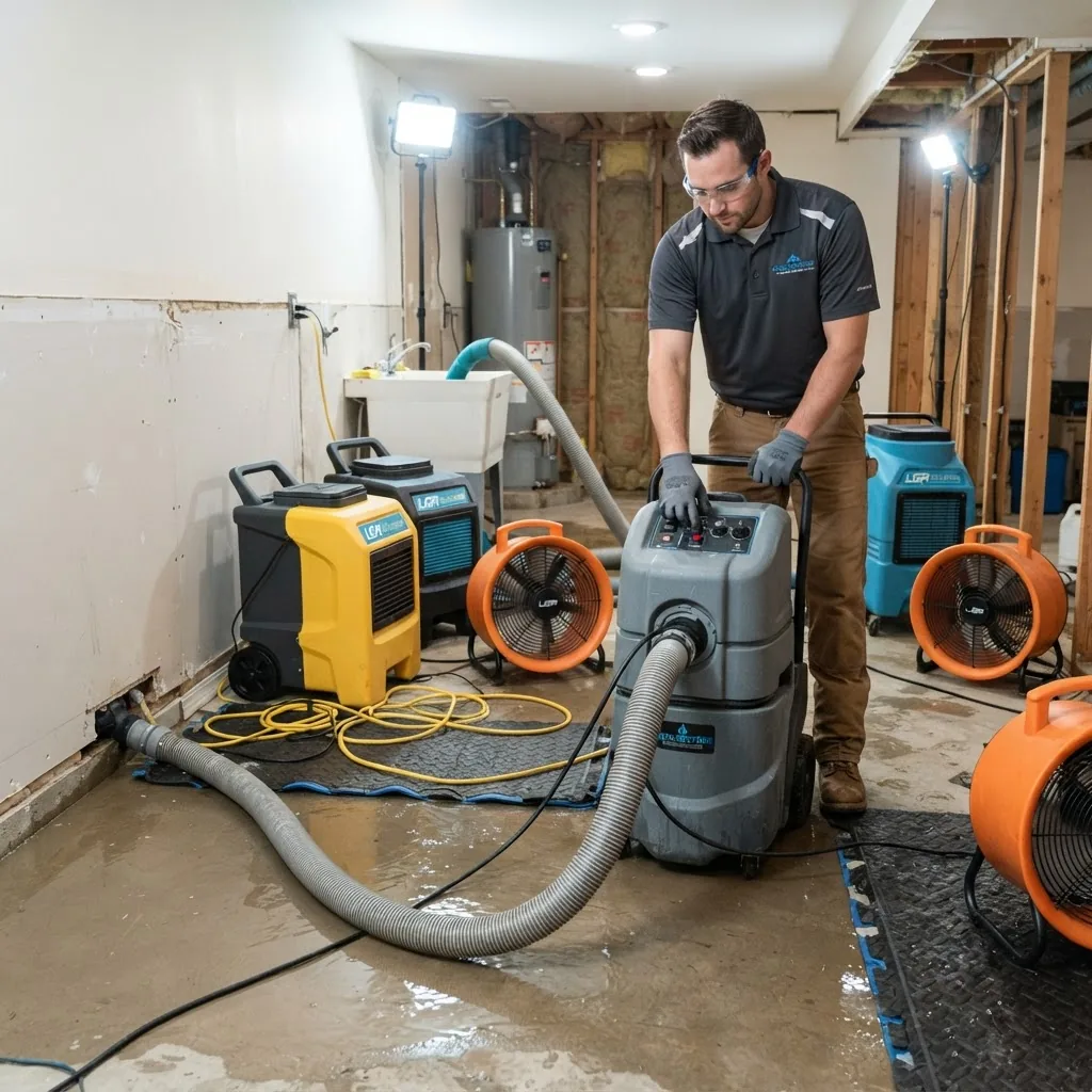professional water damage restoration technician using industrial pumps and dehumidifiers to extract water from a flooded residential