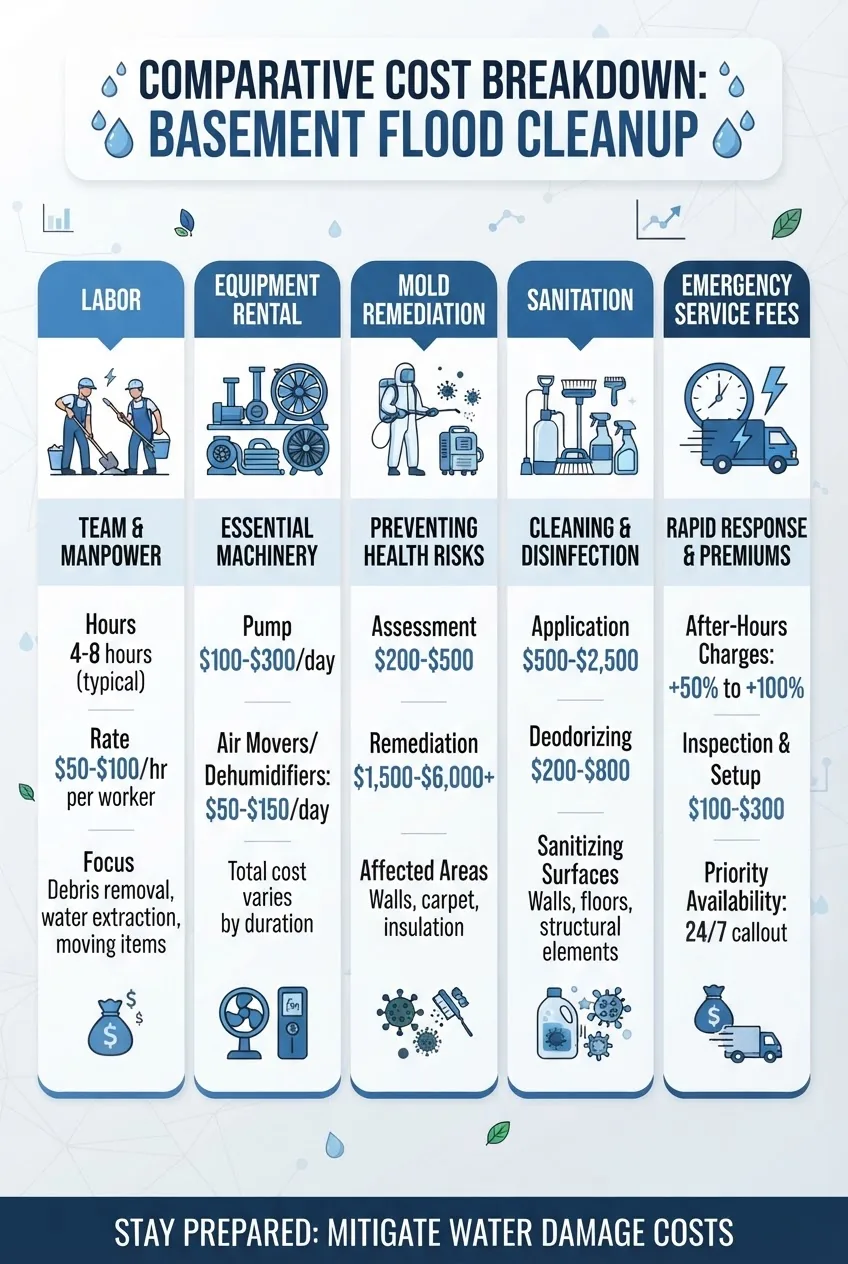 Infographic with a comparative cost breakdown for basement flood cleanup, divided into columns showing labor, equipment rental, mold